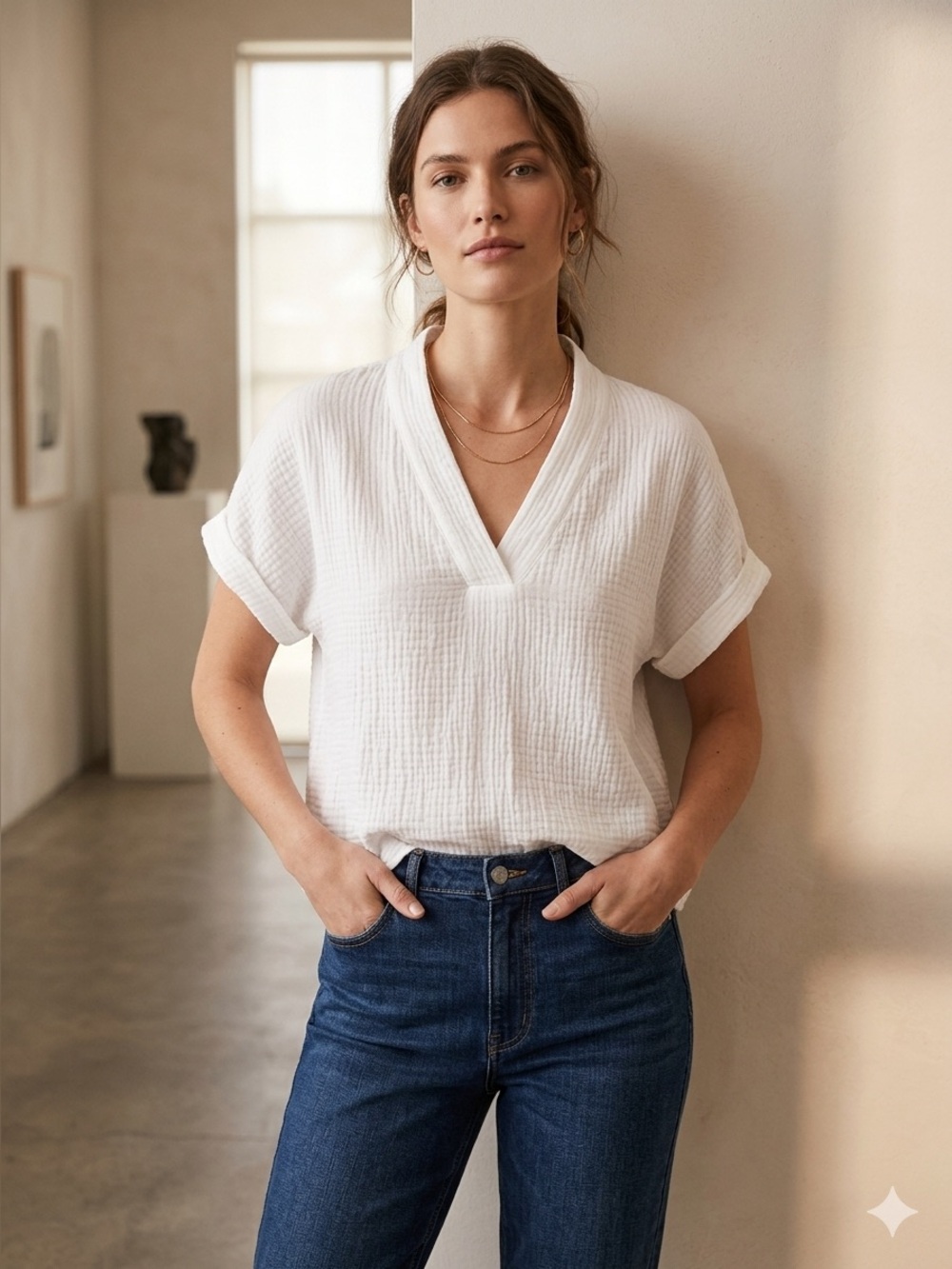 Saks Fifth Avenue 100% Cotton White Textured V-Neck Short Sleeve Top